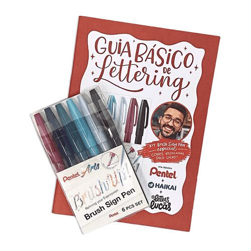 Kit Pentel Brush Sign Pen 6 cores e Guia Básico de Lettering - Letras do Lucas